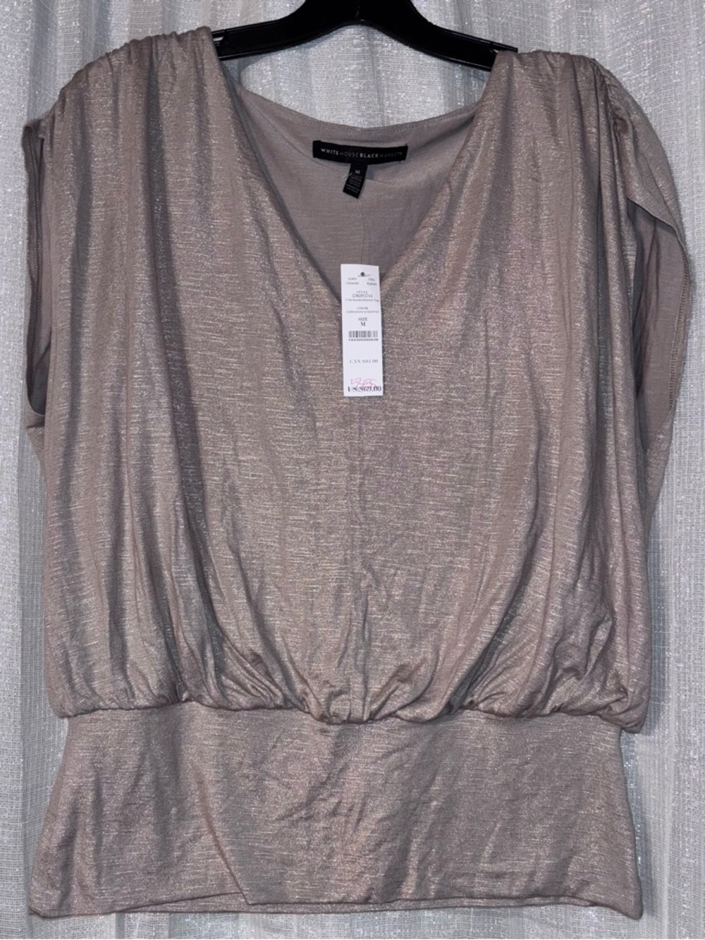 White House Black Market Metallic Taupe V-Neck Blouson Top